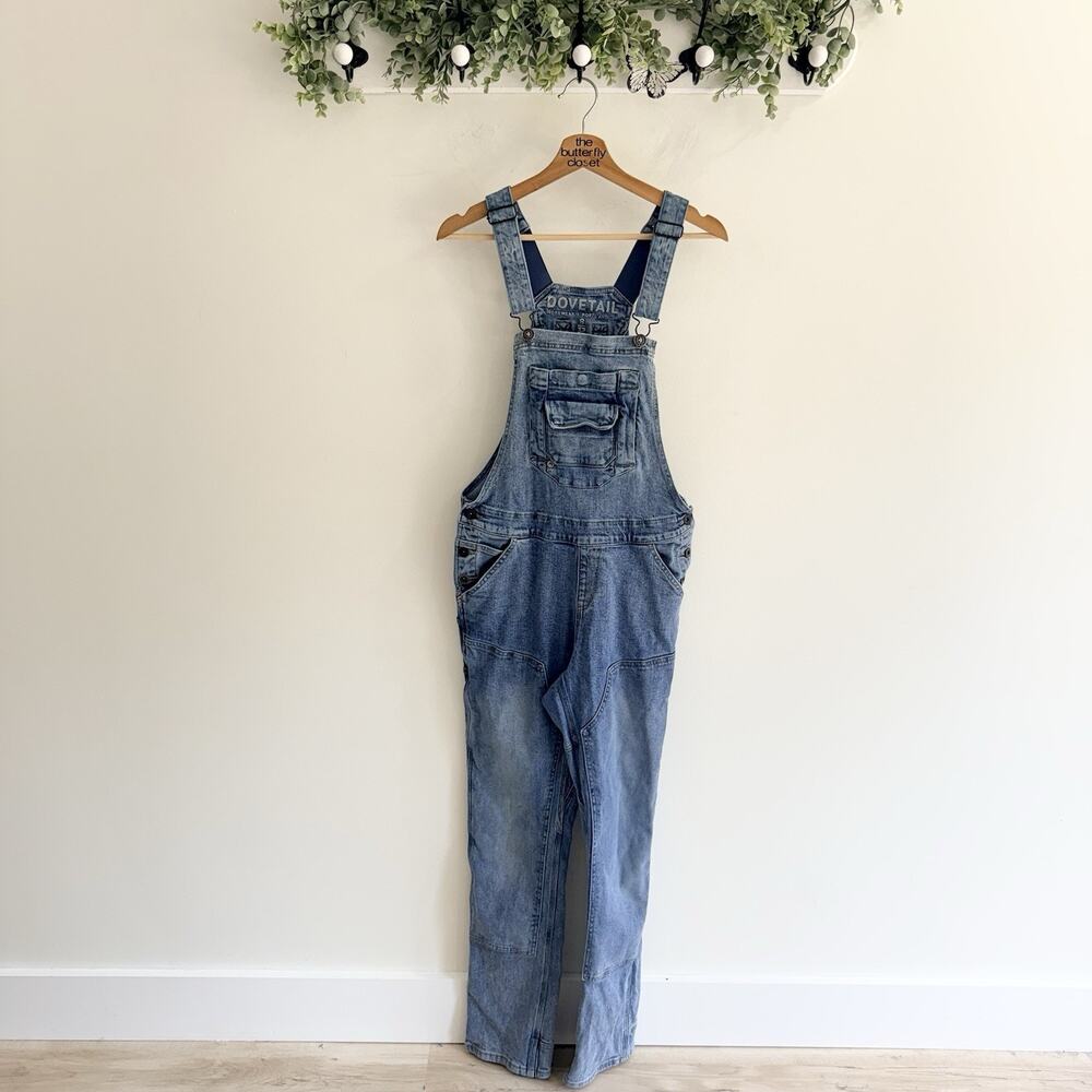 Dovetail Work Overalls Medium Wash Blue Articulated Knees Straight Size 8/32